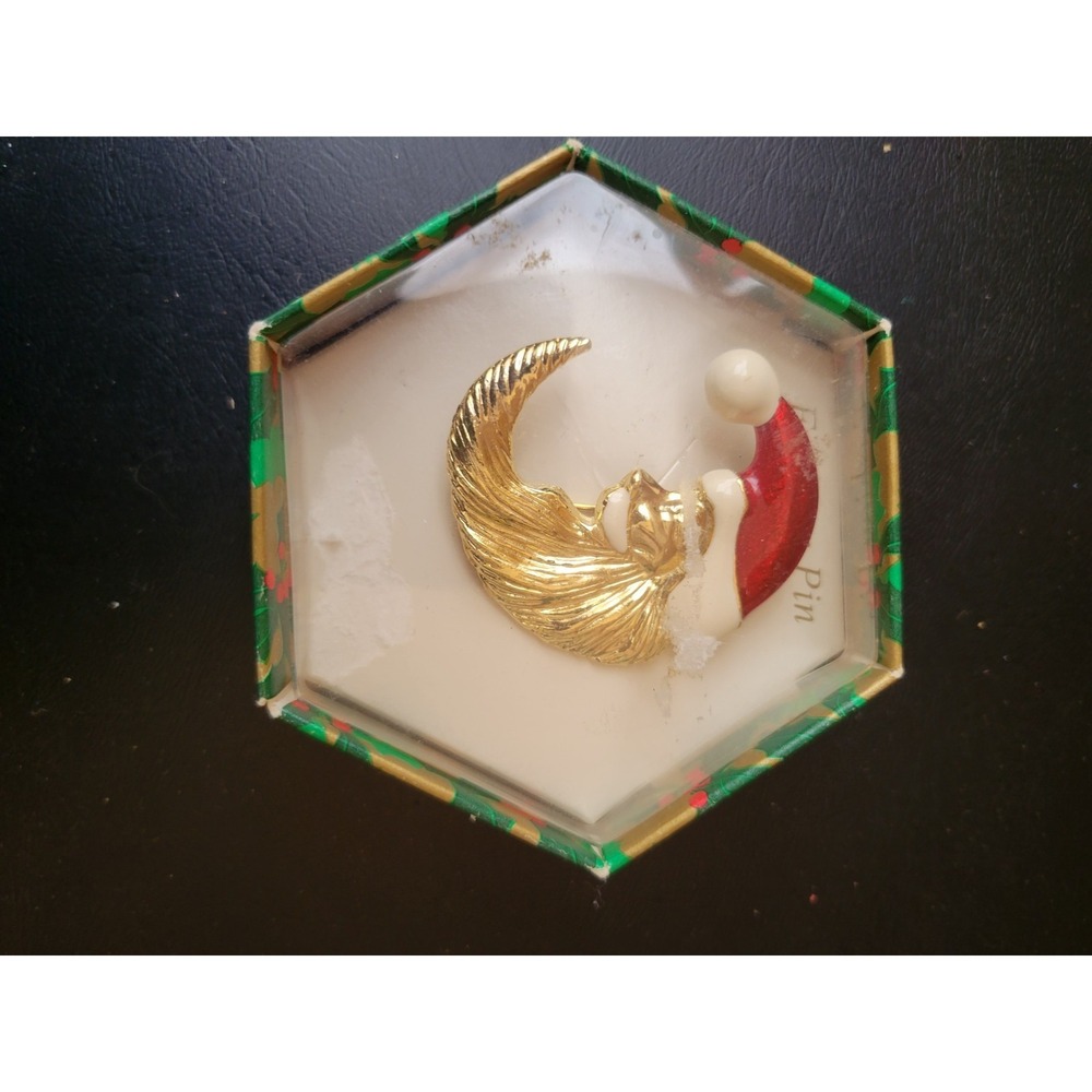 Vintage Santa Claus Face Pin Brooch Christmas Holiday Gold Red White in Box